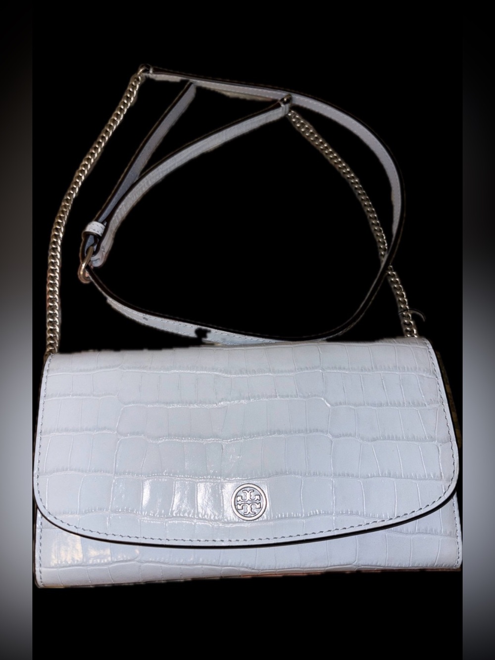 Tory Burch Robinson Blue Mist Croc-Embossed Chain Wallet Crossbody Bnew